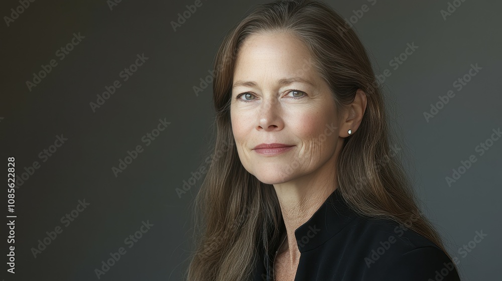 The woman displays a composed expression with softly flowing hair, dressed in a stylish black outfit, presenting a confident demeanor in a minimalist setting The woman displays a composed expression with softly flowing hair, dressed in a stylish black outfit, presenting a confident demeanor in a minimalist setting