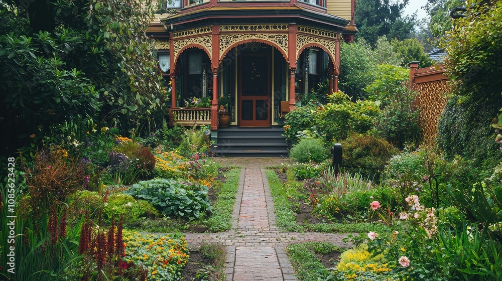 Obraz premium Charming Victorian House with Beautiful Garden Path