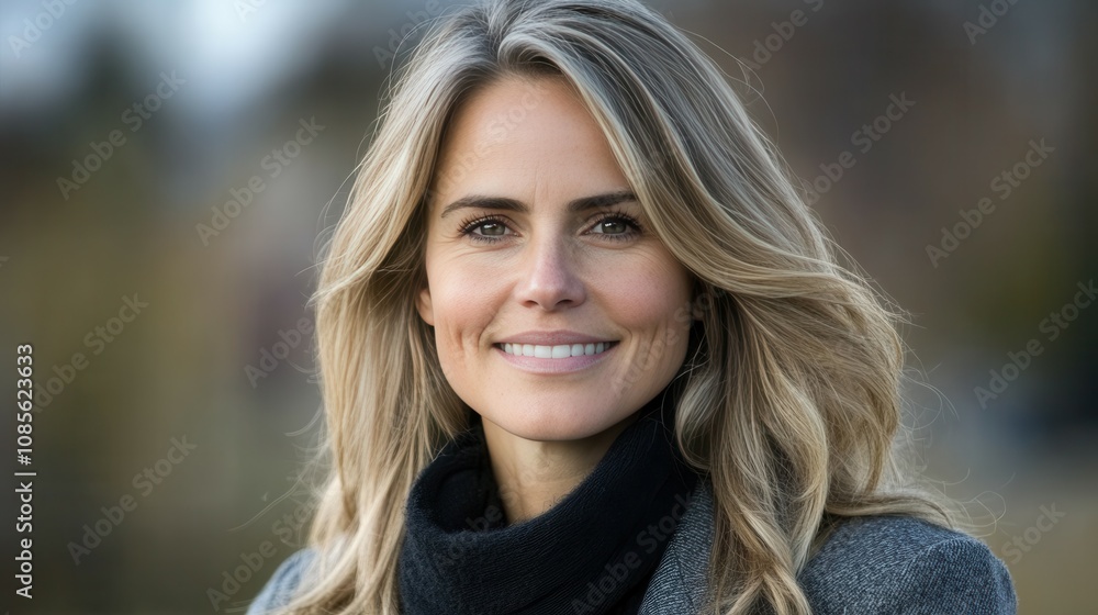A woman exudes warmth and confidence as she smiles brightly outside. Her long, blonde hair flows gently in the breeze, with a stylish scarf adding a touch of elegance to her casual look A woman exudes warmth and confidence as she smiles brightly outside. Her long, blonde hair flows gently in the breeze, with a stylish scarf adding a touch of elegance to her casual look