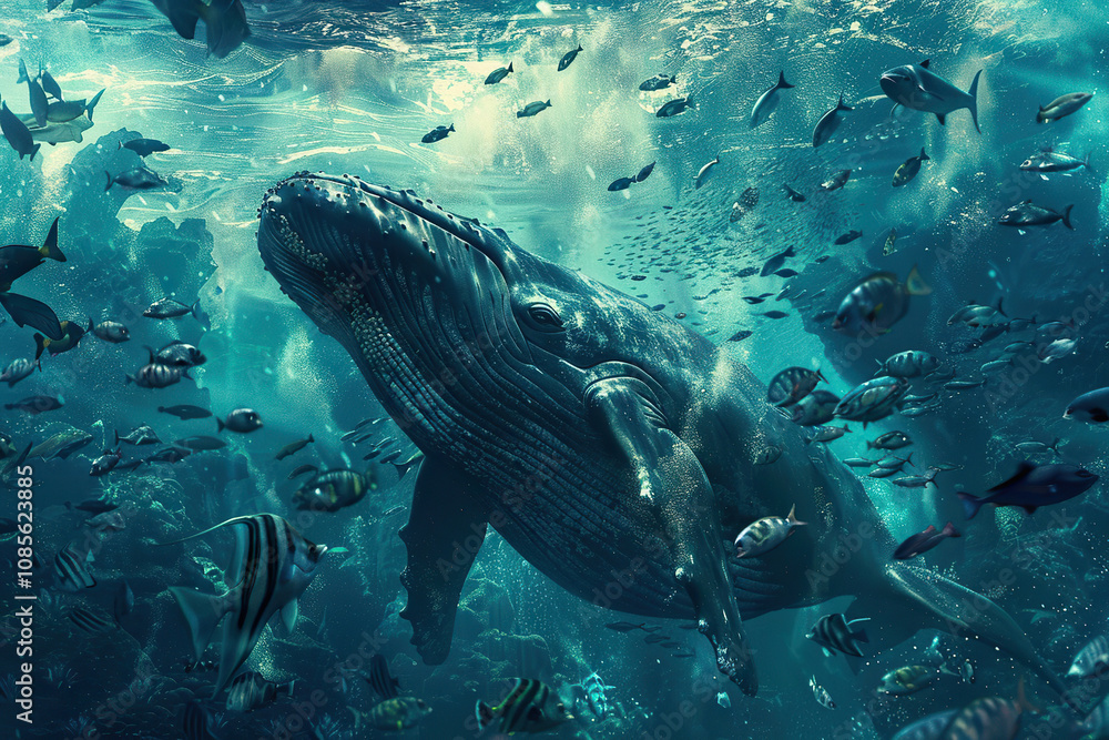 Obraz premium Fantastically beautiful majestic huge whale in blue ocean