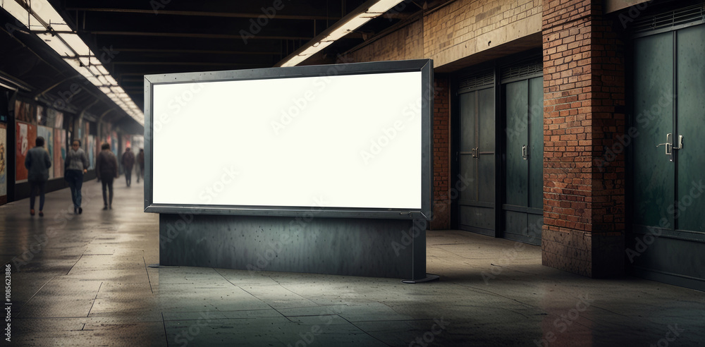 Digital mockup of a blank billboard in a modern train station.
Digital mockup of a blank billboard in a modern train station.