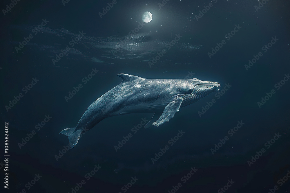 Fototapeta premium Fantastically beautiful majestic huge whale in blue ocean