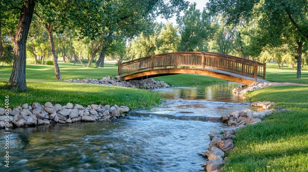 Serene Stream Under Wooden Bridge in Tranquil Landscape