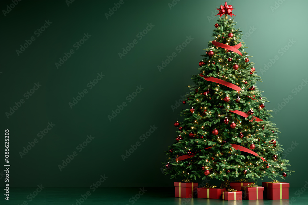 Decorated Christmas tree on green night background. Happy Holidays. Leave space for text. Decorated Christmas tree on green night background. Happy Holidays. Leave space for text.