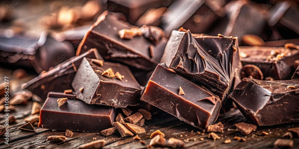A Close-Up View of Rich Dark Chocolate Squares with a Delicate Scattering of Chocolate Flakes A Close-Up View of Rich Dark Chocolate Squares with a Delicate Scattering of Chocolate Flakes