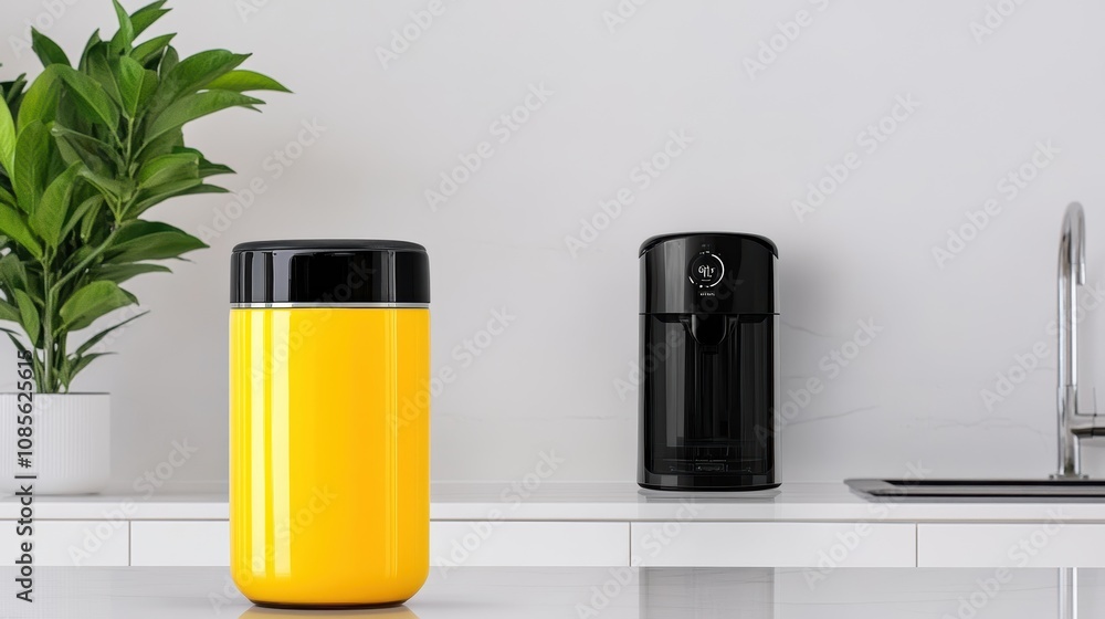 A modern kitchen scene featuring a bright yellow container and a sleek black appliance against a minimalist backdrop. A modern kitchen scene featuring a bright yellow container and a sleek black appliance against a minimalist backdrop.