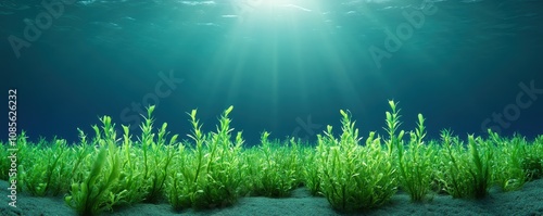 Vibrant underwater scene showcasing lush green seaweed illuminated by sunlight. photo