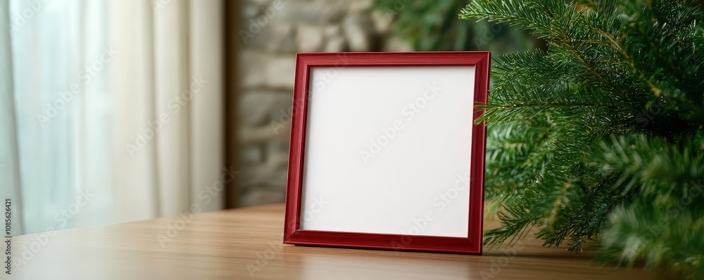 A blank red photo frame on a wooden table beside green foliage in a cozy interior setting. A blank red photo frame on a wooden table beside green foliage in a cozy interior setting.