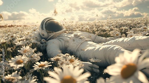cosmonaut in diving suit lying on the ground among flowers