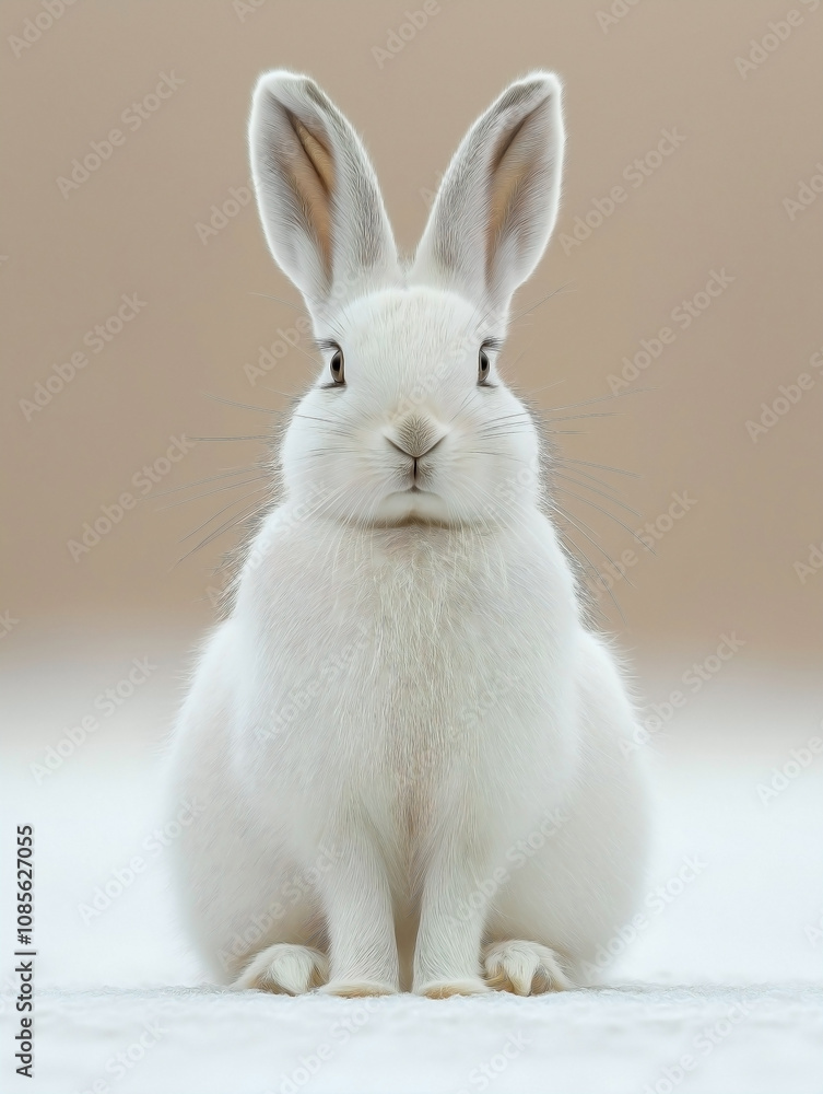 Fototapeta premium a snow hare with fluffy white winter fur, isolated on a solid light beige background