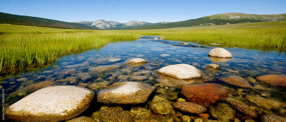 Serene mountain landscape with clear stream and rocky foreground Serene mountain landscape with clear stream and rocky foreground