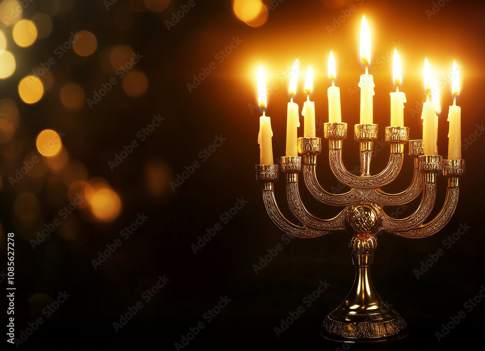 Menorah with lit candles casting a warm glow on a dark background with empty space for text Menorah with lit candles casting a warm glow on a dark background with empty space for text