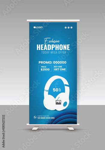 New arrival headphone sale roll-up banner or Black Friday wireless headphone sale pop-up banner design template
