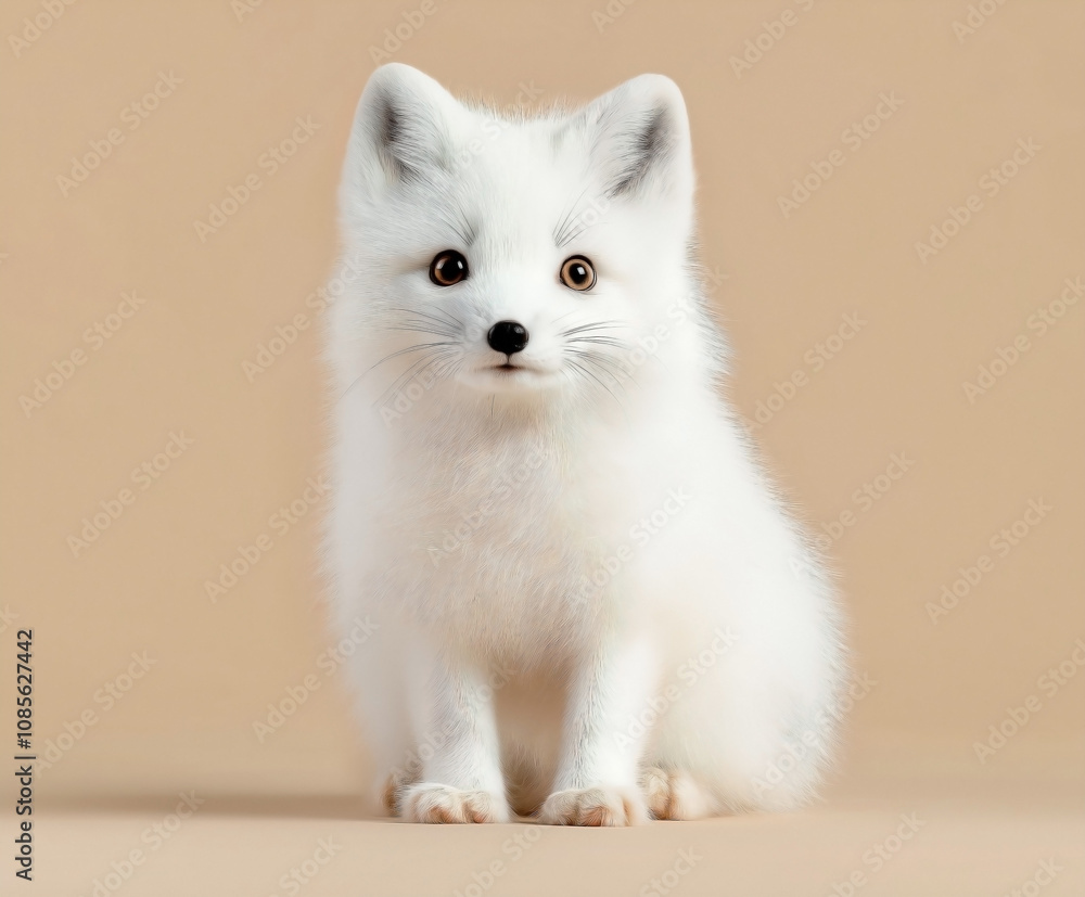 an arctic fox with thick fluffy white fur, isolated on a solid light beige background, an arctic fox with thick fluffy white fur, isolated on a solid light beige background,