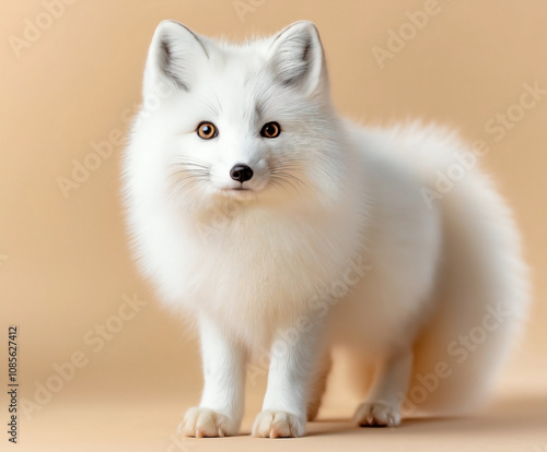 an arctic fox with thick fluffy white fur, isolated on a solid light beige background, 