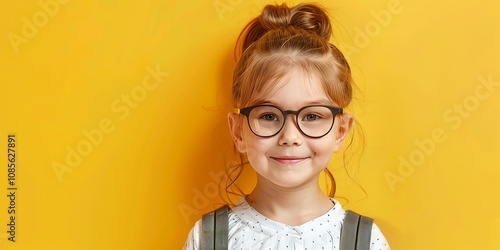  child school girl on yellow background 