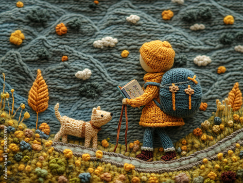 a charming scene of a girl and her dog on a mountain trail, with the girl reading a book and the dog sniffing at the ground.