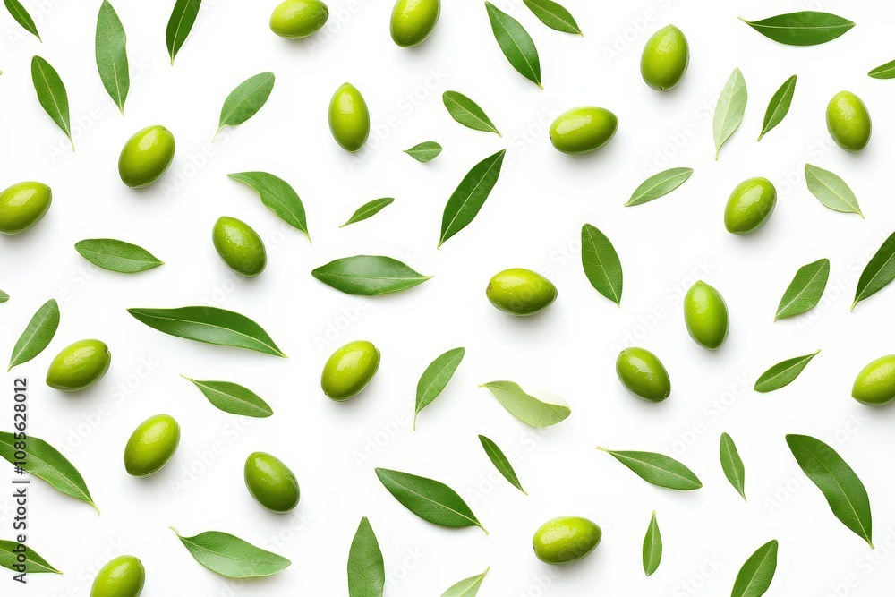 A vibrant arrangement of green leaves and olives on a clean white background. A vibrant arrangement of green leaves and olives on a clean white background.
