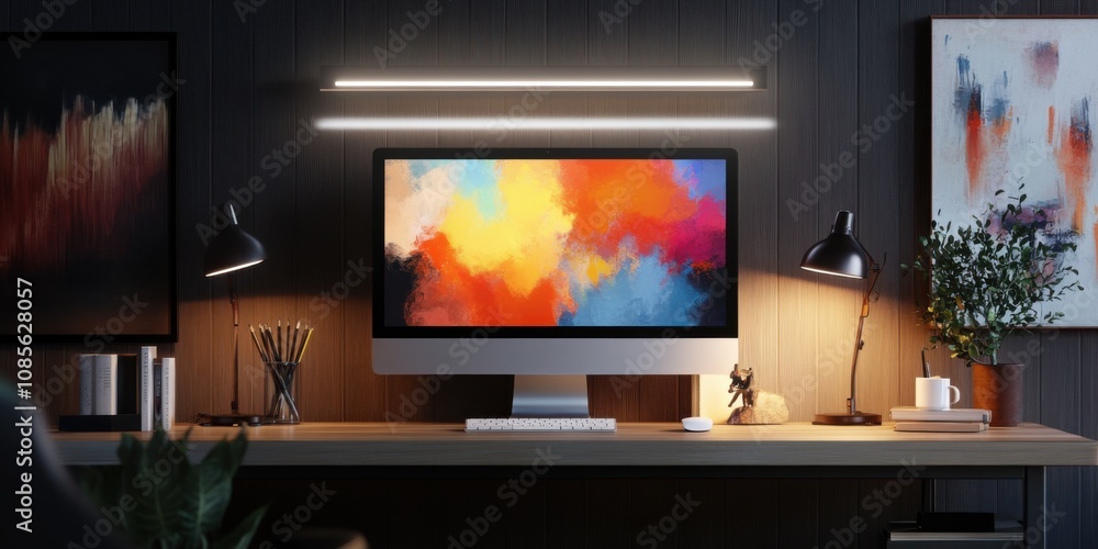 Modern creative workspace with a monitor light bar and artistic wall decor, clean lines, Modern creative workspace with a monitor light bar and artistic wall decor, clean lines,