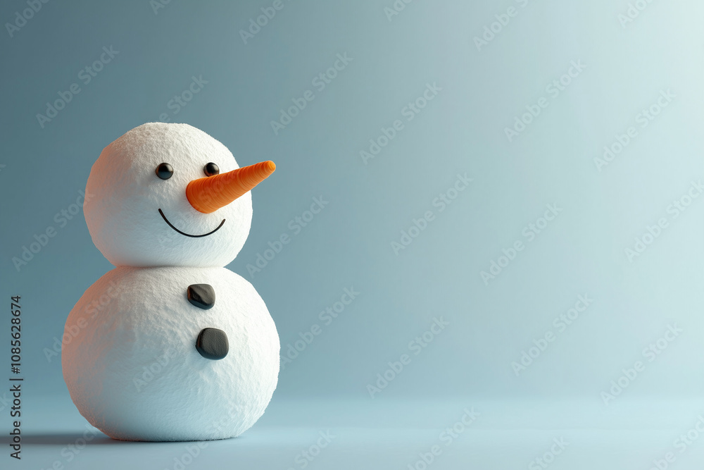 Solitary 3D snowman with a carrot nose and coal eyes isolated 