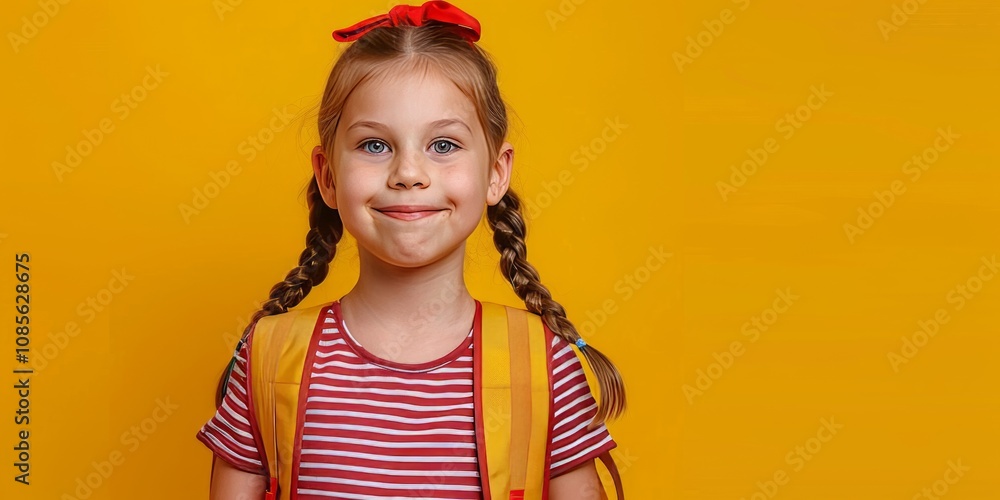 child school girl on yellow background child school girl on yellow background