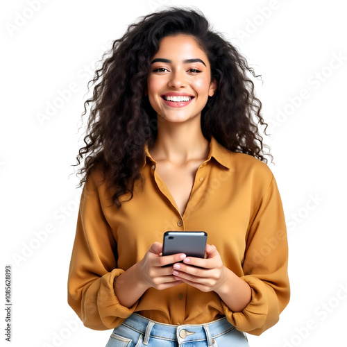 Smiling young woman with curly hair standing confidently, holding a smartphone.