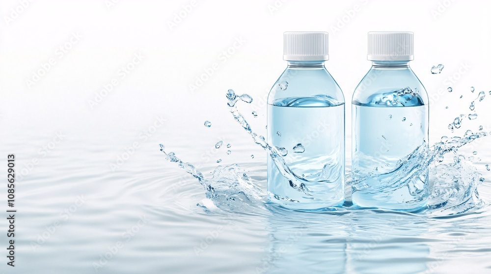 Crystal Clear Bottles of Refreshing Water with Splashing Elements on Light Background for Beverage and Hydration Concept Imagery Crystal Clear Bottles of Refreshing Water with Splashing Elements on Light Background for Beverage and Hydration Concept Imagery