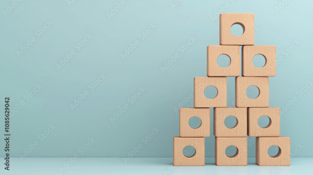 Business SEO Wood Block Concept. A minimalist arrangement of wooden blocks stacked in a triangular shape against a soft blue background, showcasing simplicity and design. Business SEO Wood Block Concept. A minimalist arrangement of wooden blocks stacked in a triangular shape against a soft blue background, showcasing simplicity and design.