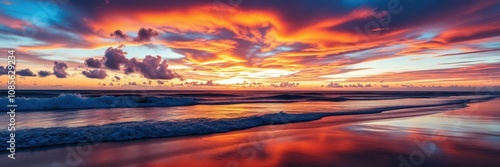 The image captures a stunning sunset scene at a beach