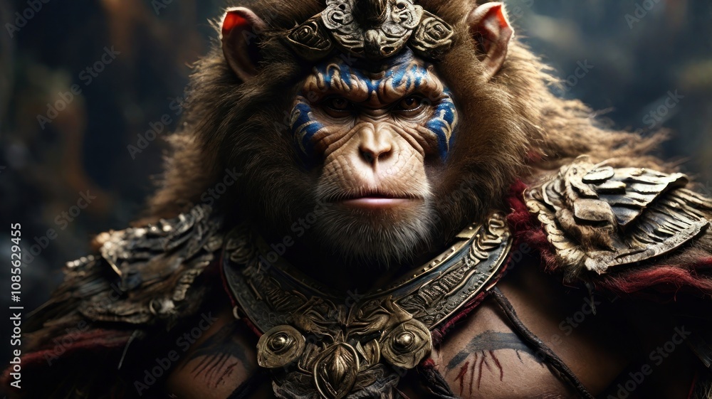 A close-up portrait of a majestic monkey warrior with blue markings and golden armor. A close-up portrait of a majestic monkey warrior with blue markings and golden armor.
