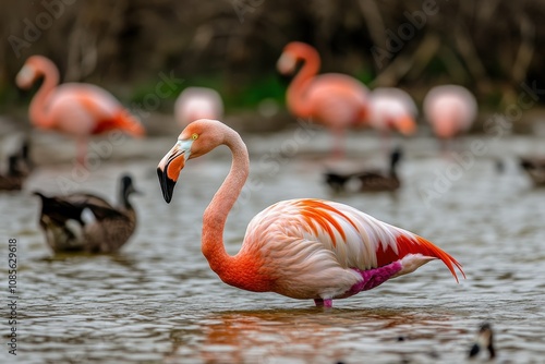 gathering of pink flamingos amidst long-legged companions in a wetland. Beautiful simple AI generated image photo