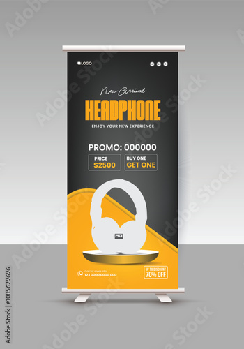Music devices sale roll-up banner or Black Friday headphone sale pop-up banner design template