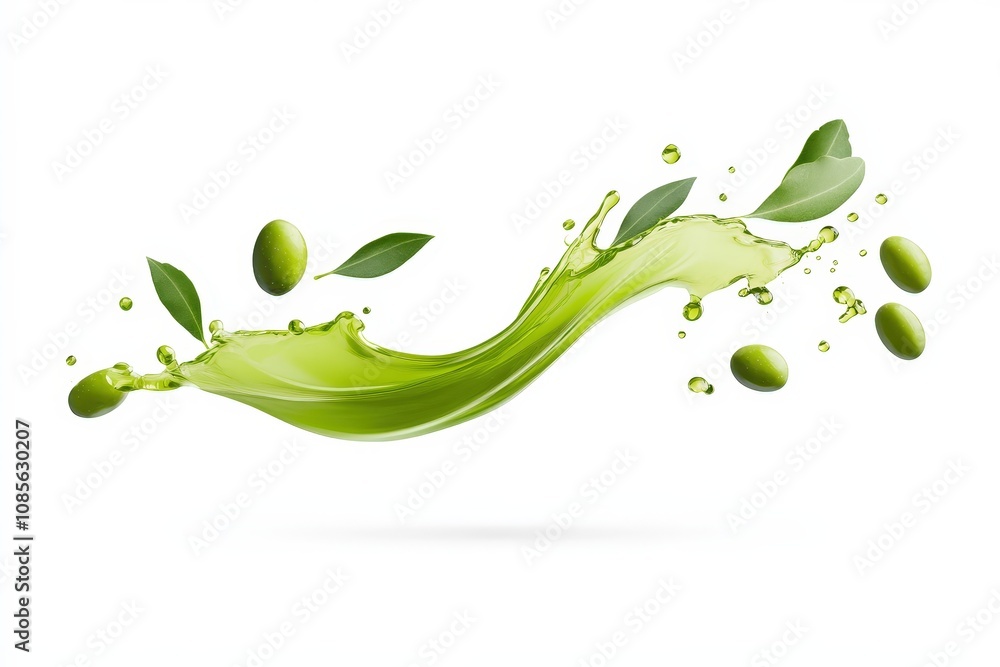 Fresh green splash with olive leaves and olives on a white background. Fresh green splash with olive leaves and olives on a white background.