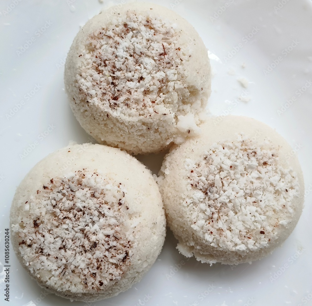 Steamed rice cake, puttu, pittu or putt popular traditional native vegetarian dish for breakfast and dinner in south Indian states Karnataka, Tamil Nadu and Kerala. Closeup macro side view. Steamed rice cake, puttu, pittu or putt popular traditional native vegetarian dish for breakfast and dinner in south Indian states Karnataka, Tamil Nadu and Kerala. Closeup macro side view.