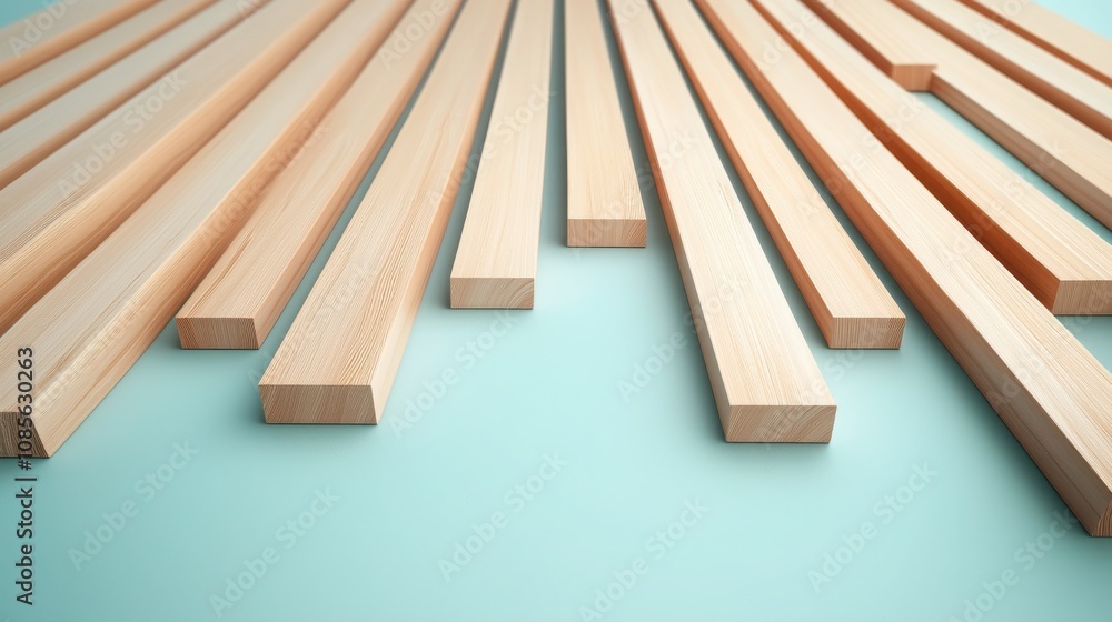 Business SEO Wood Block Concept. A close-up view of wooden strips arranged parallel on a light blue surface, showcasing their smooth texture and natural color.