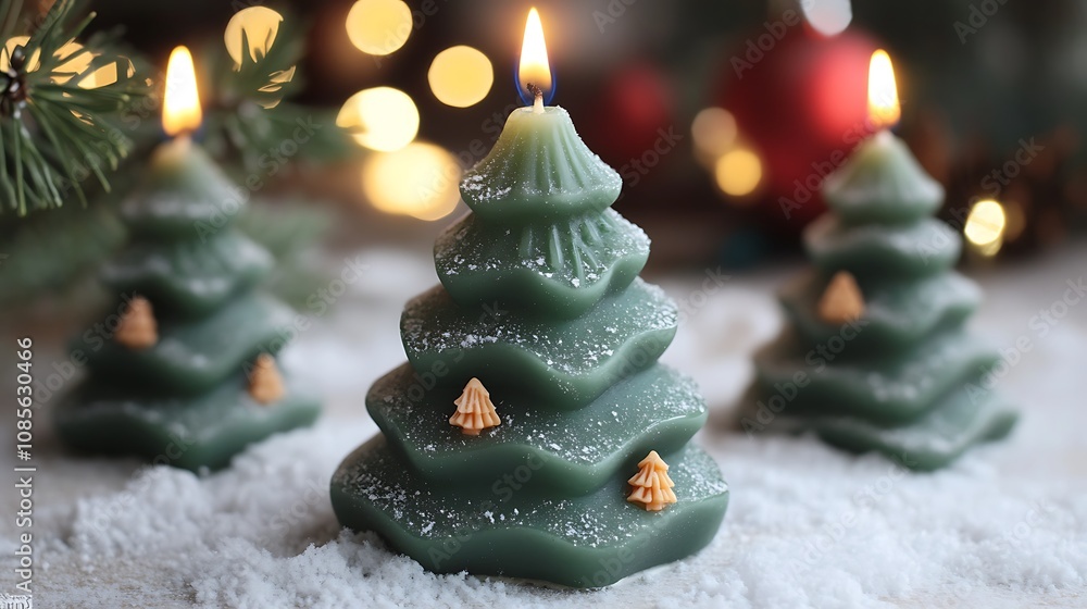 Three lit green Christmas tree candles on snow, festive bokeh background. Three lit green Christmas tree candles on snow, festive bokeh background.