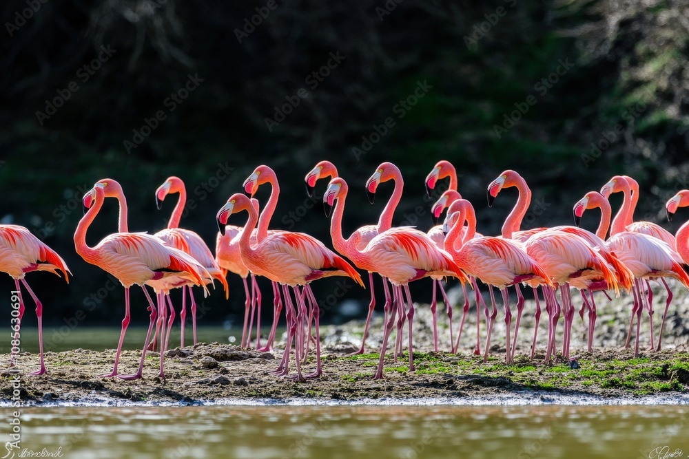 Naklejka premium Group birds of pink African flamingos walking around the green lagoon - Wild African birds, Namibia . Beautiful simple AI generated image