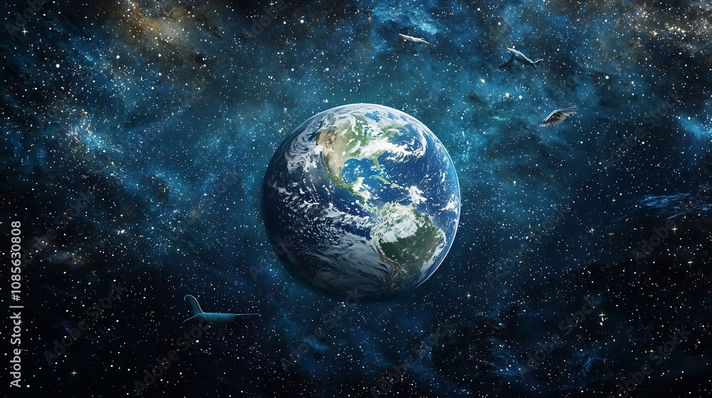 Fototapeta premium Ethereal Planet Earth Floating Amidst Cosmic Ocean of Stars and Otherworldly Marine Creatures