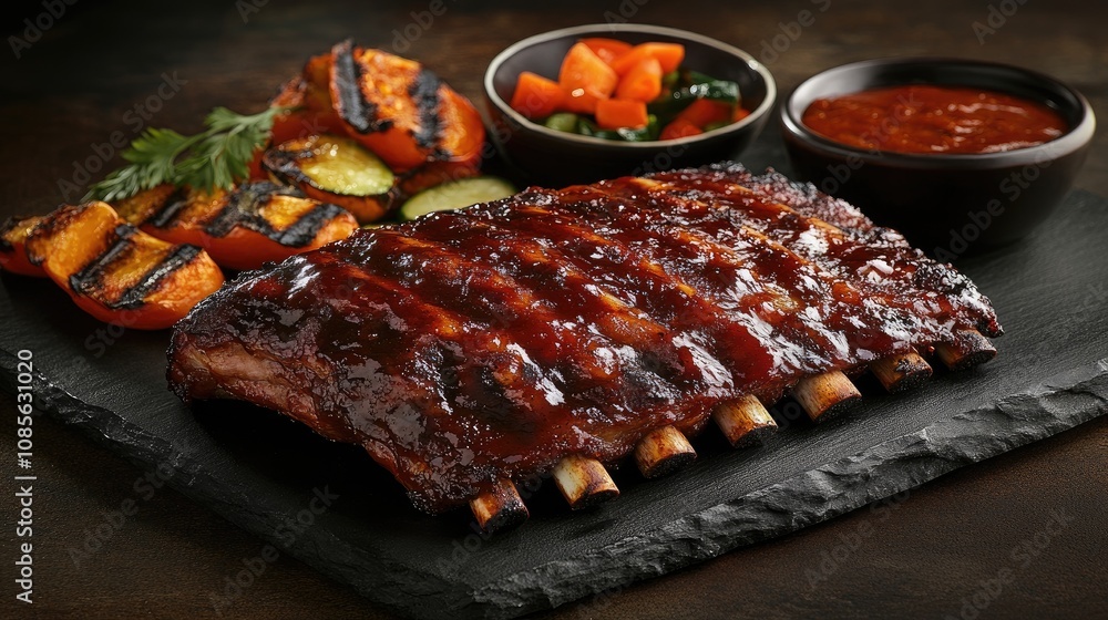 Succulent Barbecue Ribs Served on a Slate Platter with Grilled Vegetables, Fresh Pickled Salad, and Tangy Sauce for a Mouthwatering Culinary Experience Succulent Barbecue Ribs Served on a Slate Platter with Grilled Vegetables, Fresh Pickled Salad, and Tangy Sauce for a Mouthwatering Culinary Experience