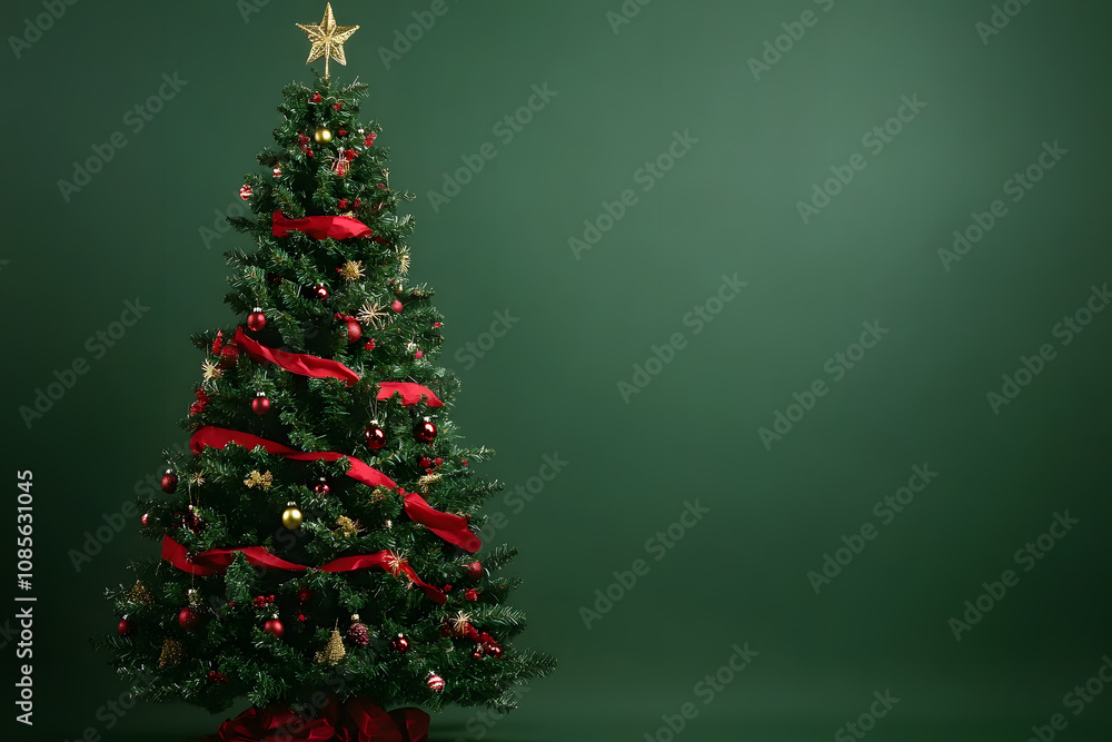 Decorated Christmas tree on green night background. Happy Holidays. Leave space for text. Decorated Christmas tree on green night background. Happy Holidays. Leave space for text.