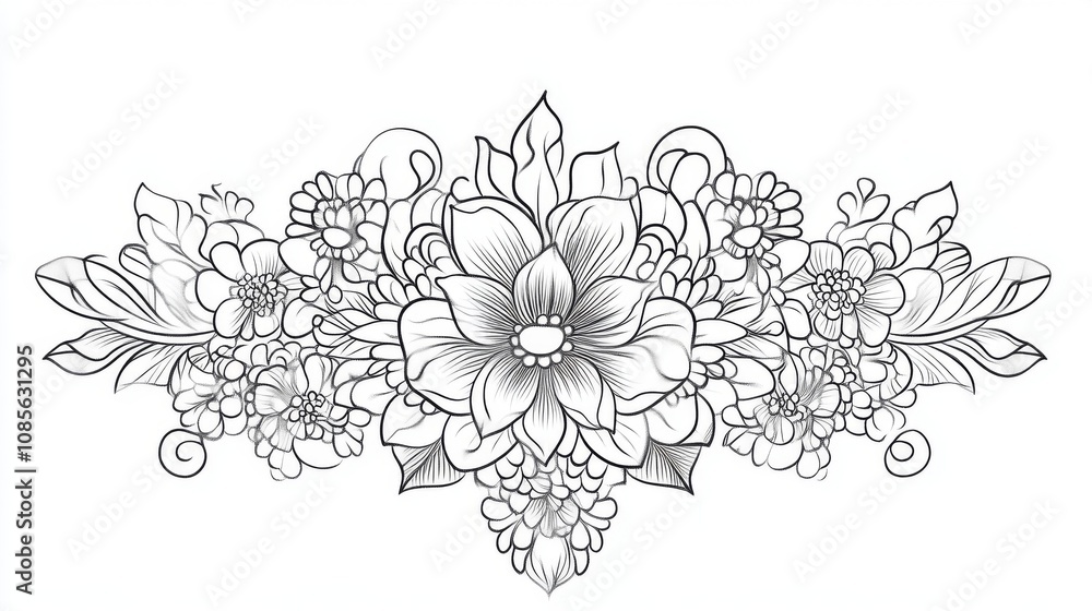 Naklejka premium Elegant Black and White Floral Bouquet Line Art Illustration