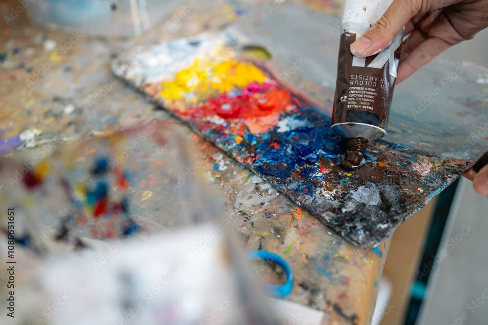 Artist squeezing brown oil paint onto palette in studio Artist squeezing brown oil paint onto palette in studio