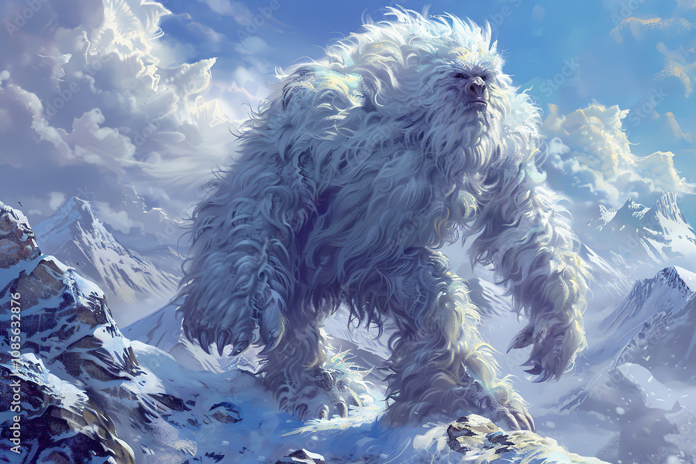 Huge fantasy yeti character in beautiful outdoor nature background Huge fantasy yeti character in beautiful outdoor nature background
