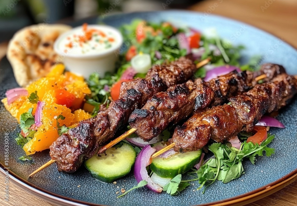 vibrant plate of lamb shawarma kebabs, greek salad with tzats Worth and white cream cheese on the side vibrant plate of lamb shawarma kebabs, greek salad with tzats Worth and white cream cheese on the side