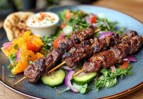 vibrant plate of lamb shawarma kebabs, greek salad with tzats Worth and white cream cheese on the side