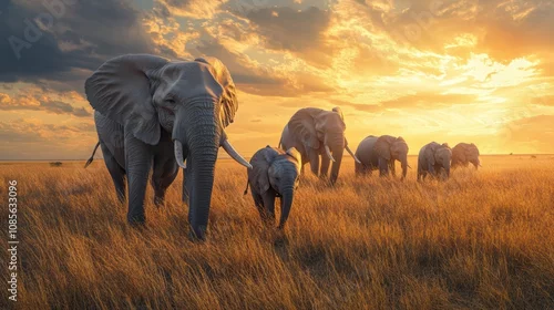 Obraz Elephant Family at Sunset