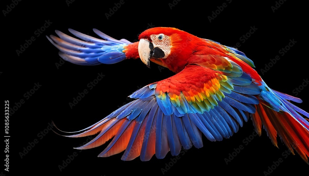 Obraz premium A bright red macaw has its wings spread out in flight, revealing bright red, blue and yellow feathers against a black background.