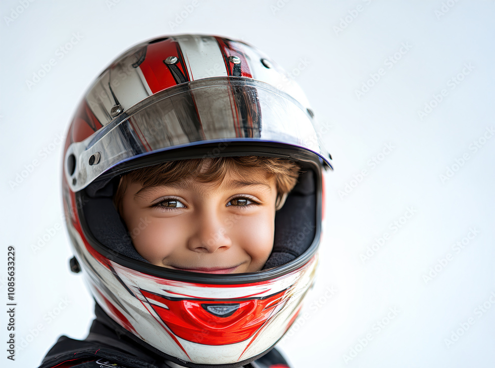 A young boy wearing a helmet with a red and white design. He is smiling and looking at the camera A young boy wearing a helmet with a red and white design. He is smiling and looking at the camera