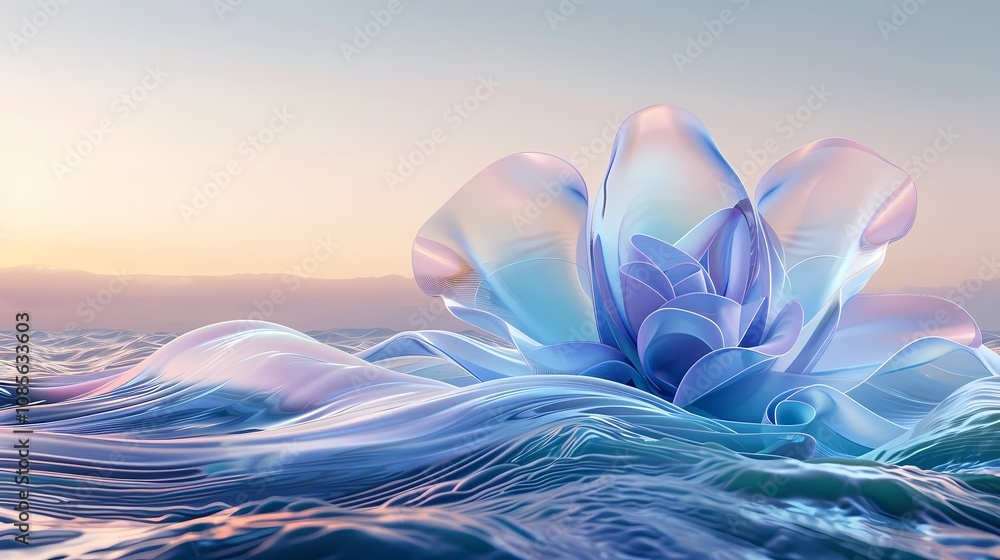 Obraz premium Digital technology Purple and Cyan abstract sea wave and flower poster background