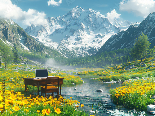 a serene landscape with a wooden desk, chair, and a laptop in the foreground, overlooking a majestic mountain range under a cloudy sky.